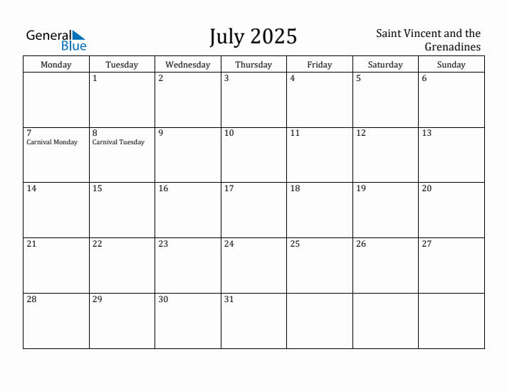 July 2025 Calendar Saint Vincent and the Grenadines