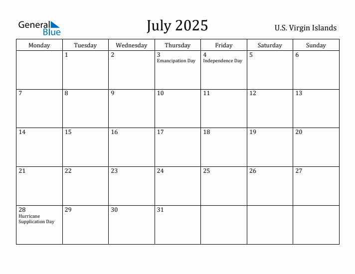 July 2025 Calendar U.S. Virgin Islands