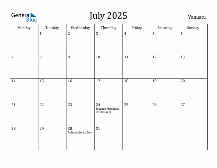 July 2025 Calendar Vanuatu