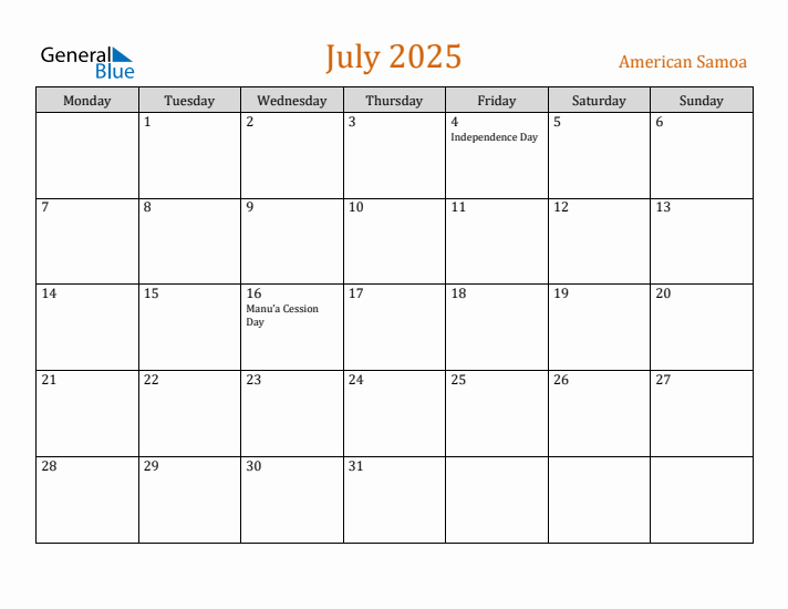 July 2025 Holiday Calendar with Monday Start