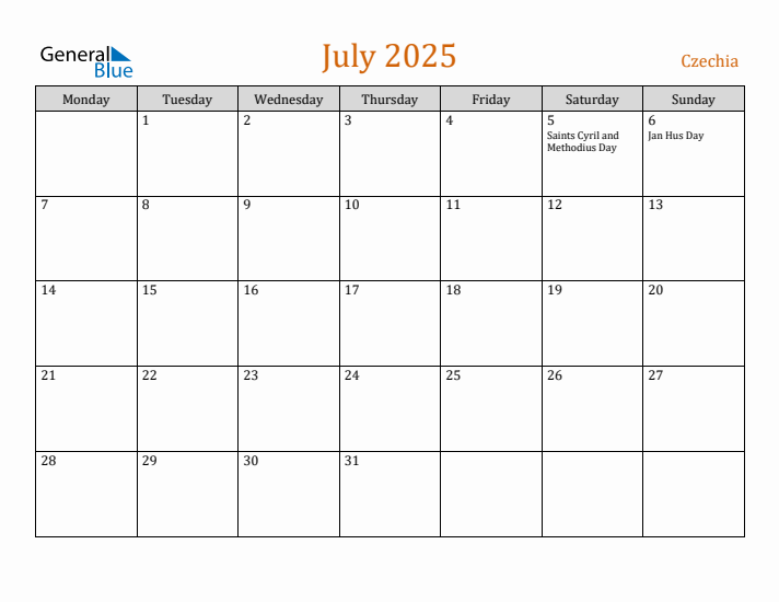 July 2025 Holiday Calendar with Monday Start