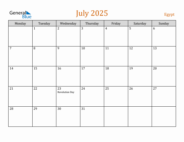 July 2025 Holiday Calendar with Monday Start