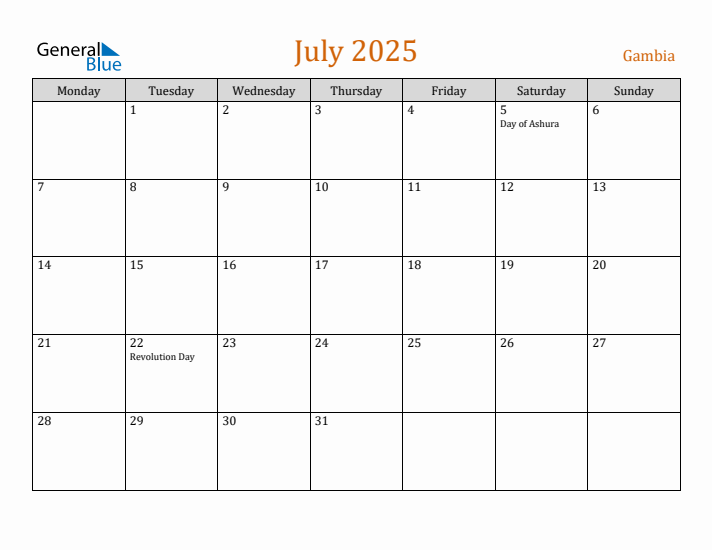 July 2025 Holiday Calendar with Monday Start
