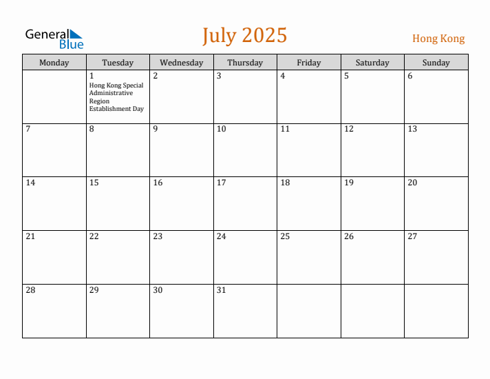 July 2025 Holiday Calendar with Monday Start