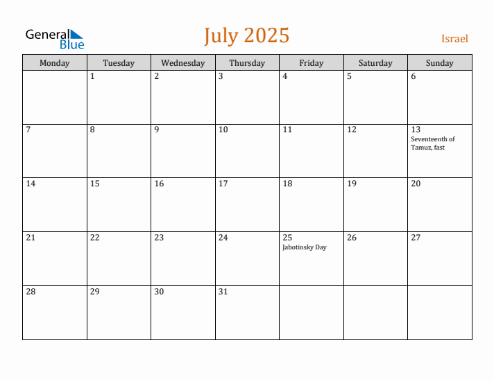 July 2025 Holiday Calendar with Monday Start