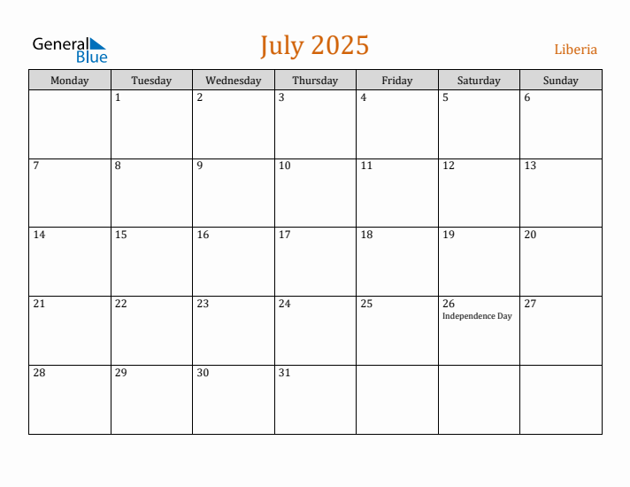July 2025 Holiday Calendar with Monday Start