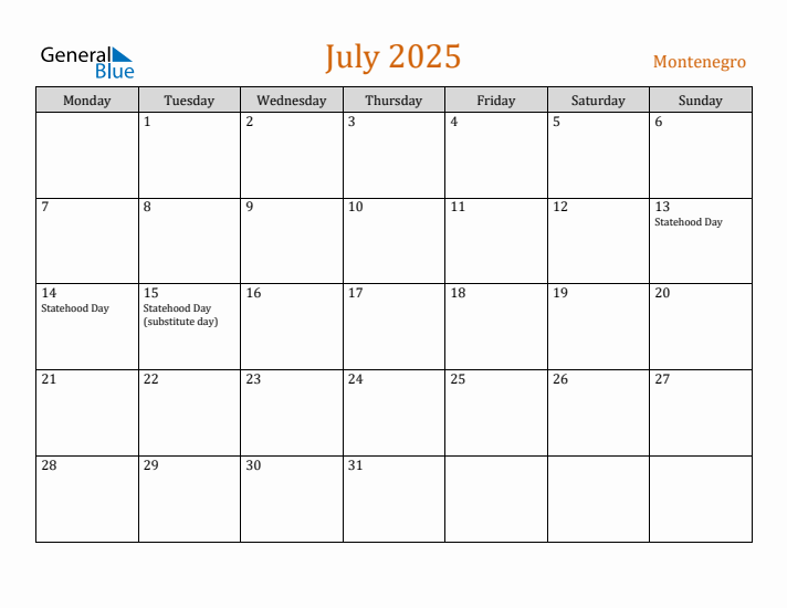 July 2025 Holiday Calendar with Monday Start