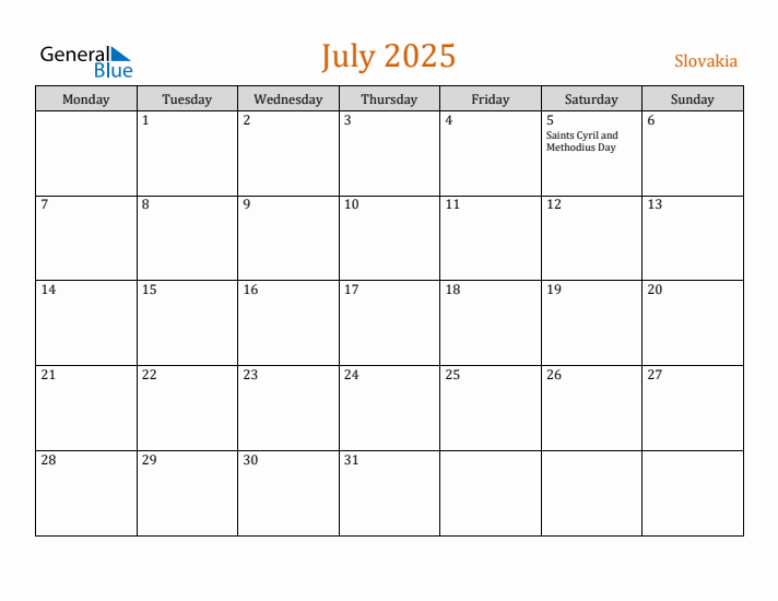 July 2025 Holiday Calendar with Monday Start