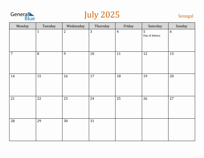 July 2025 Holiday Calendar with Monday Start
