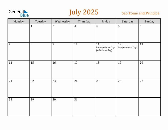July 2025 Holiday Calendar with Monday Start