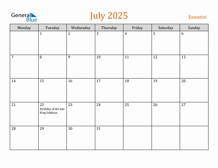 July 2025 Holiday Calendar with Monday Start