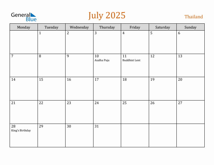 July 2025 Holiday Calendar with Monday Start
