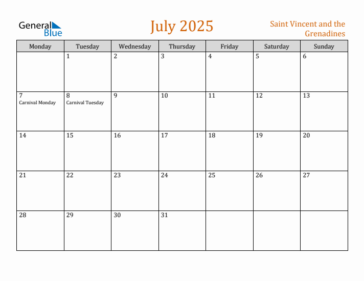 July 2025 Holiday Calendar with Monday Start