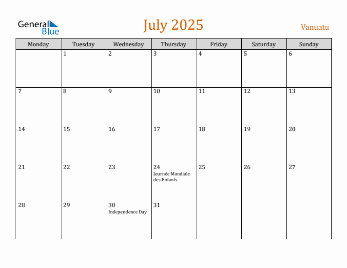 July 2025 Holiday Calendar with Monday Start