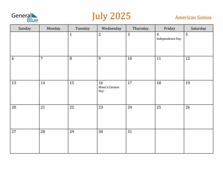 July 2025 Holiday Calendar with Sunday Start