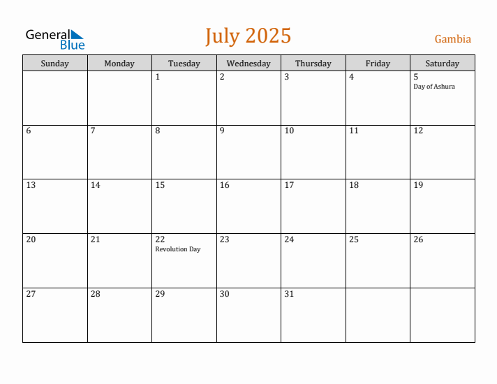 July 2025 Holiday Calendar with Sunday Start