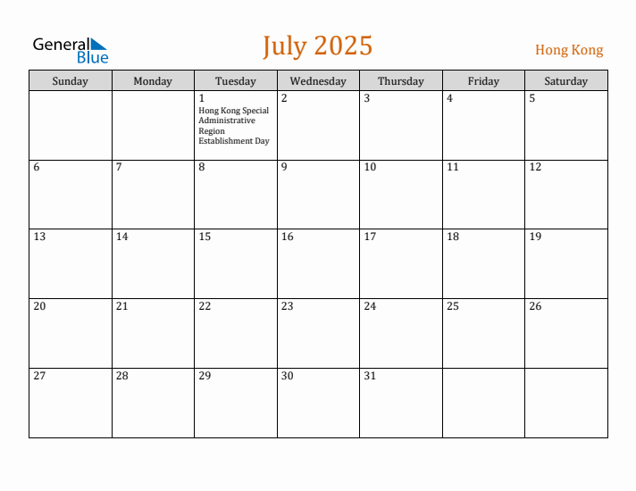 July 2025 Holiday Calendar with Sunday Start