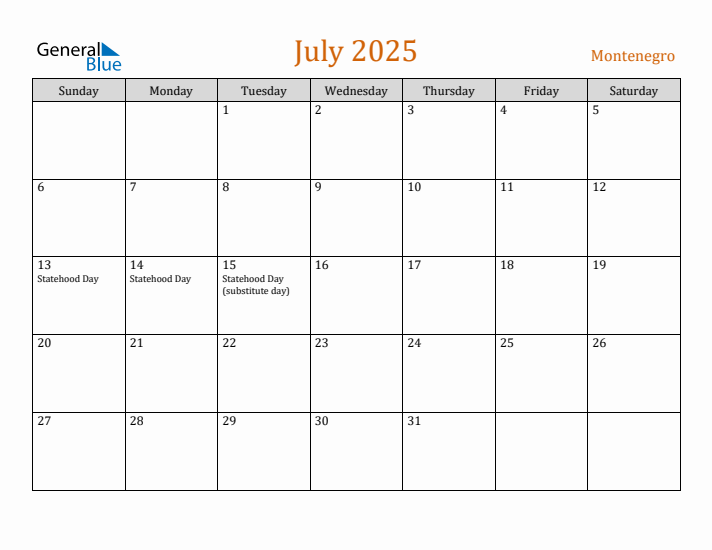 July 2025 Holiday Calendar with Sunday Start