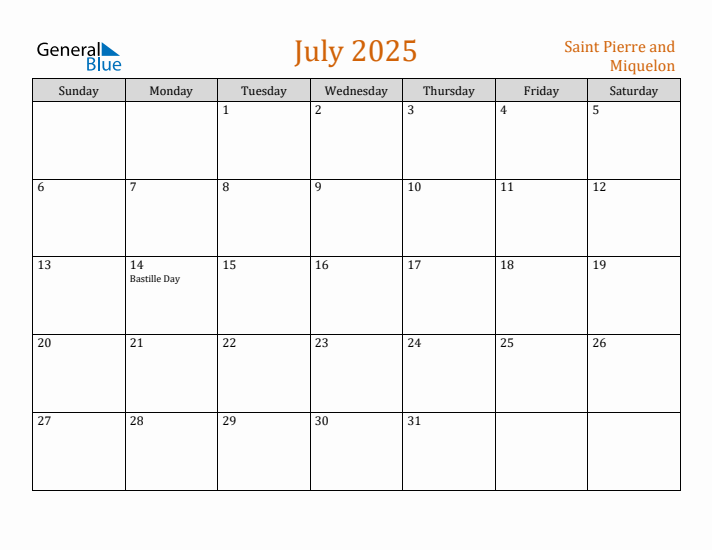 July 2025 Holiday Calendar with Sunday Start