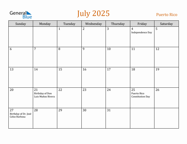 July 2025 Holiday Calendar with Sunday Start
