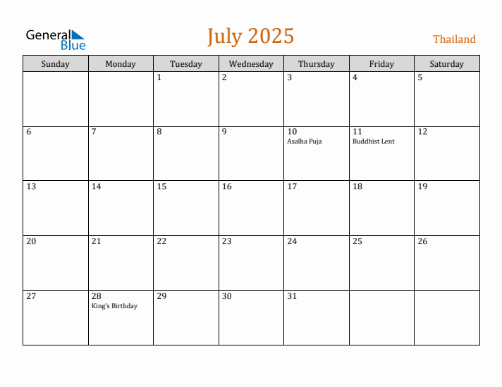 July 2025 Holiday Calendar with Sunday Start