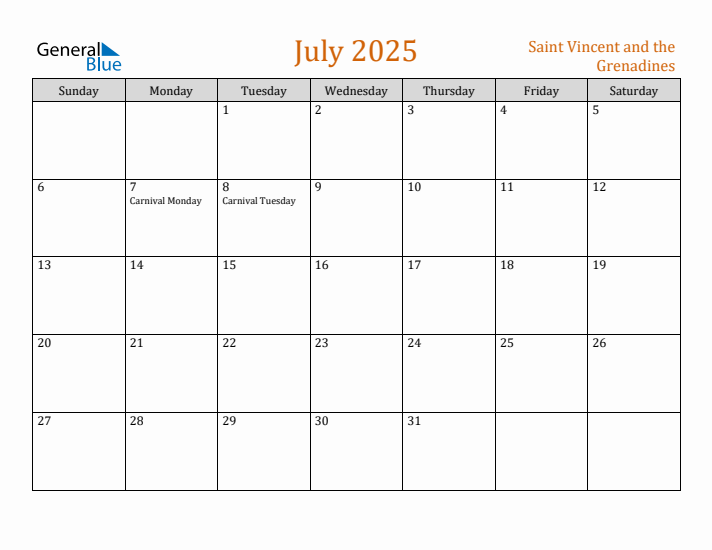 July 2025 Holiday Calendar with Sunday Start