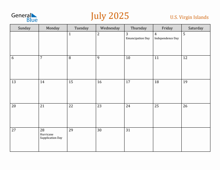 July 2025 Holiday Calendar with Sunday Start