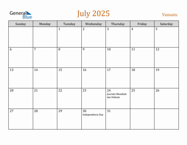 July 2025 Holiday Calendar with Sunday Start