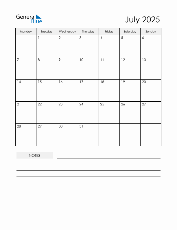 Printable Calendar with Notes - July 2025
