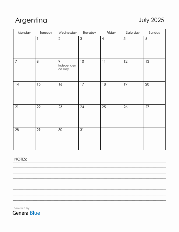 July 2025 Argentina Calendar with Holidays (Monday Start)