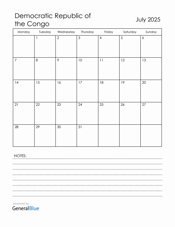 July 2025 Democratic Republic of the Congo Calendar with Holidays (Monday Start)