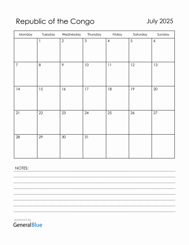 July 2025 Republic of the Congo Calendar with Holidays (Monday Start)