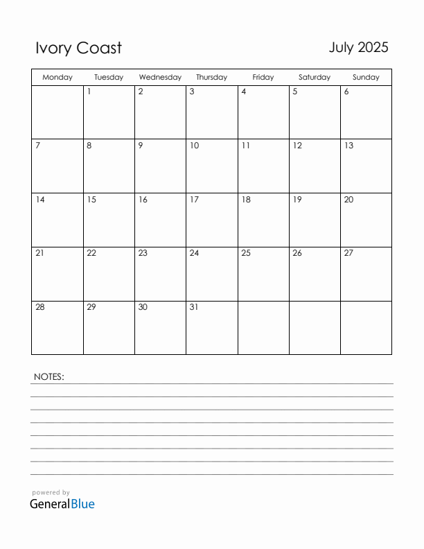 July 2025 Ivory Coast Calendar with Holidays (Monday Start)