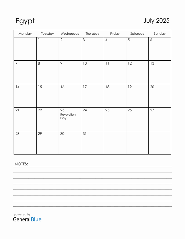 July 2025 Egypt Calendar with Holidays (Monday Start)