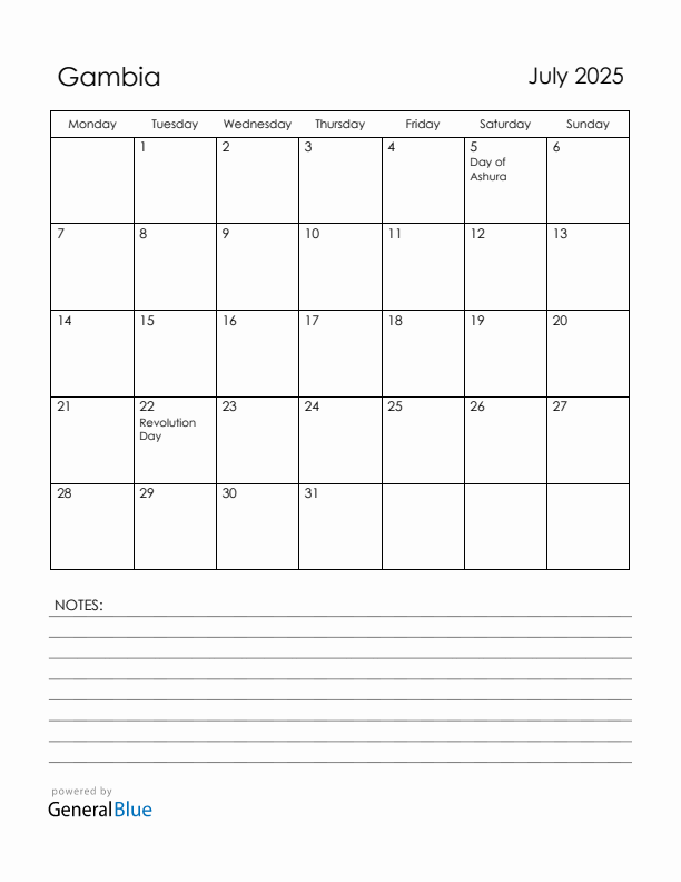July 2025 Gambia Calendar with Holidays (Monday Start)
