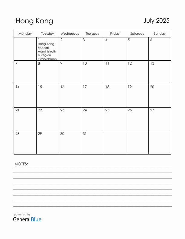 July 2025 Hong Kong Calendar with Holidays (Monday Start)