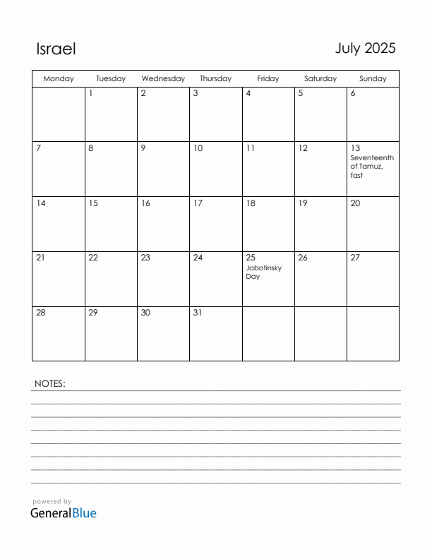 July 2025 Israel Calendar with Holidays (Monday Start)