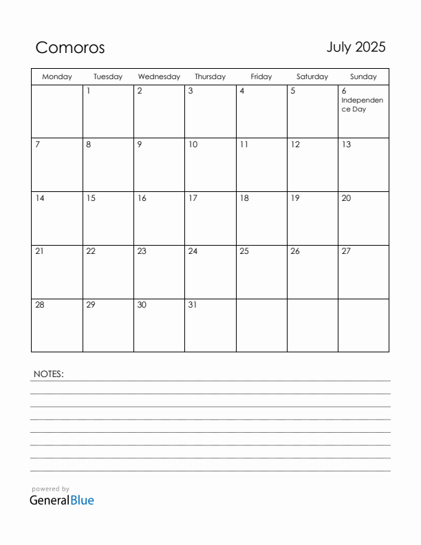 July 2025 Comoros Calendar with Holidays (Monday Start)