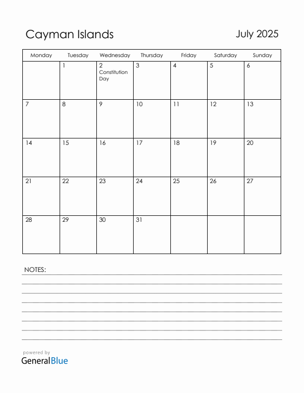 July 2025 Cayman Islands Calendar with Holidays (Monday Start)