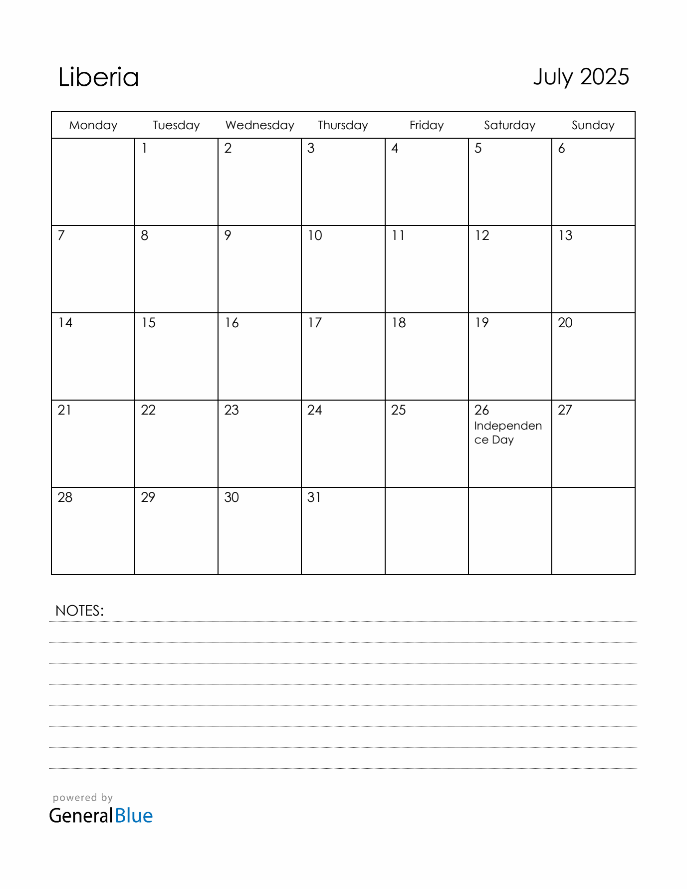 July 2025 Liberia Calendar with Holidays (Monday Start)