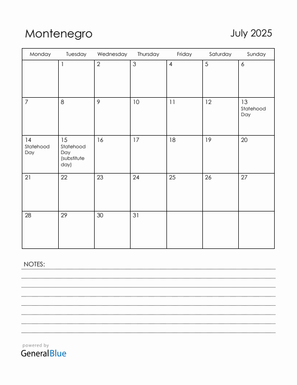 July 2025 Montenegro Calendar with Holidays (Monday Start)