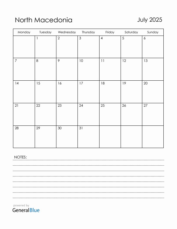 July 2025 North Macedonia Calendar with Holidays (Monday Start)