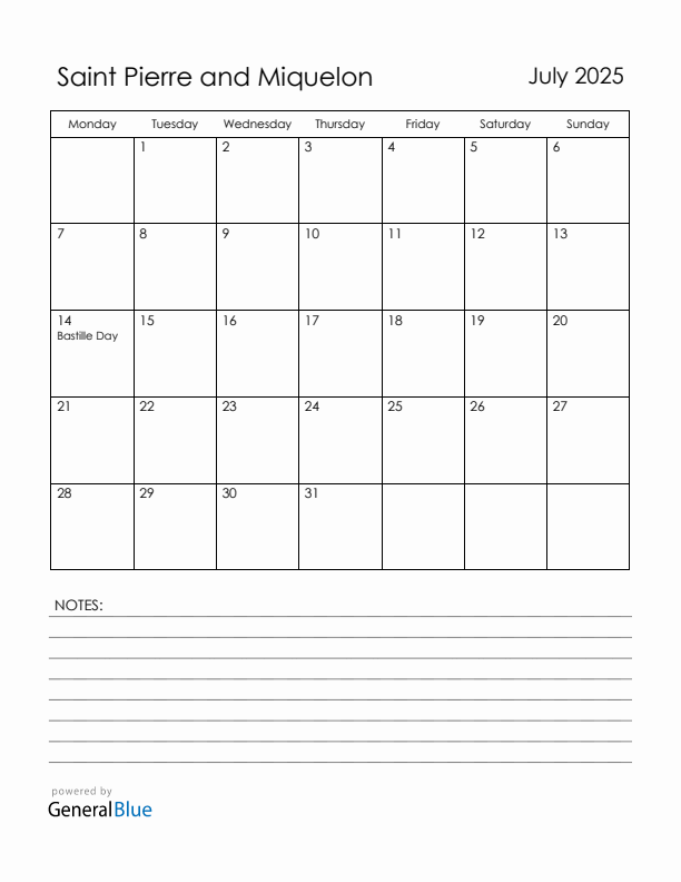 July 2025 Saint Pierre and Miquelon Calendar with Holidays (Monday Start)