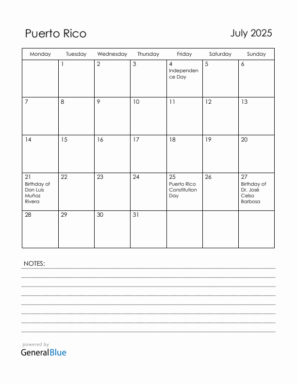July 2025 Puerto Rico Calendar with Holidays (Monday Start)