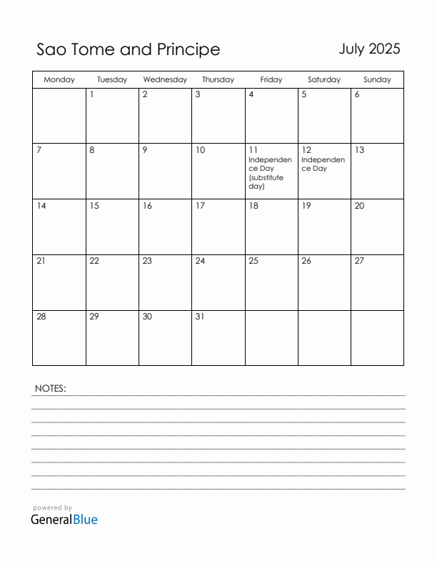 July 2025 Sao Tome and Principe Calendar with Holidays (Monday Start)