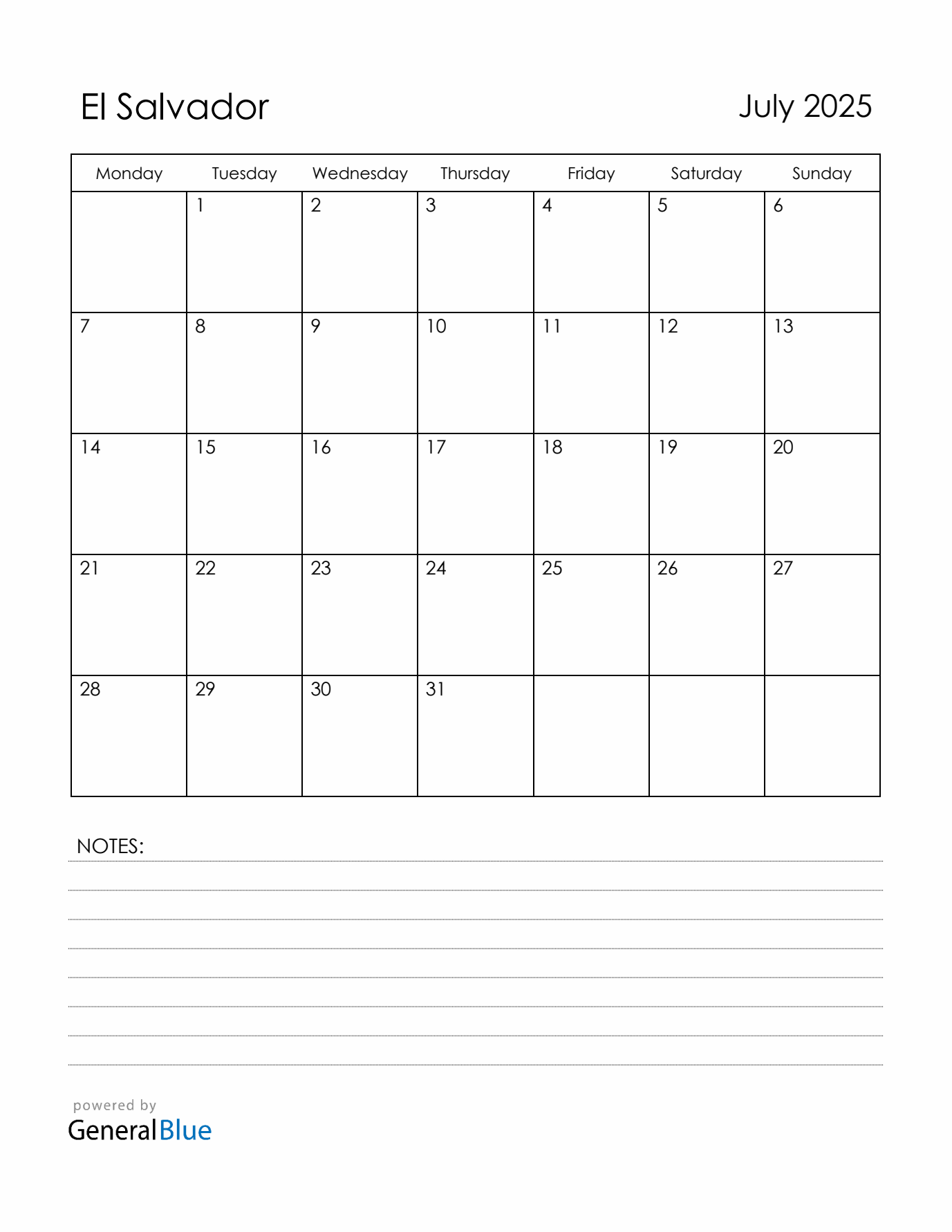 July 2025 El Salvador Calendar with Holidays (Monday Start)