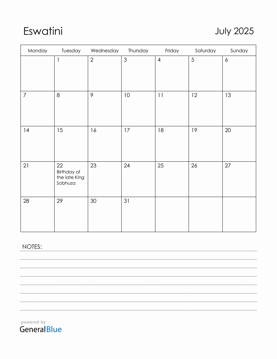 July 2025 Eswatini Calendar with Holidays (Monday Start)
