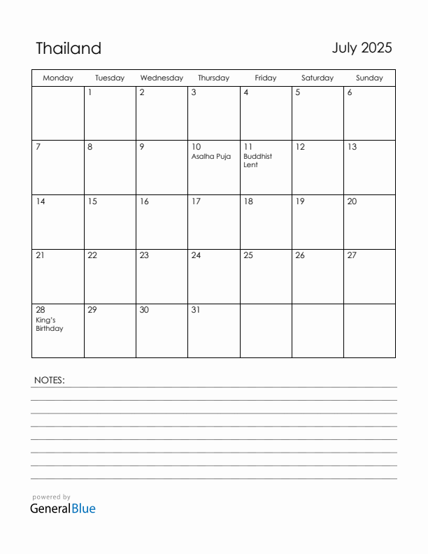 July 2025 Thailand Calendar with Holidays (Monday Start)