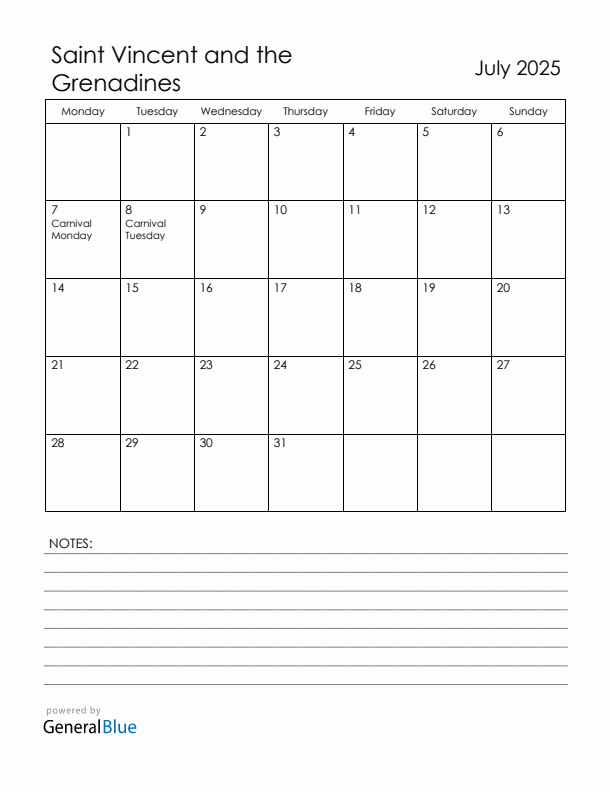 July 2025 Saint Vincent and the Grenadines Calendar with Holidays (Monday Start)