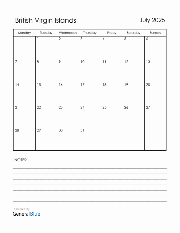 July 2025 British Virgin Islands Calendar with Holidays (Monday Start)